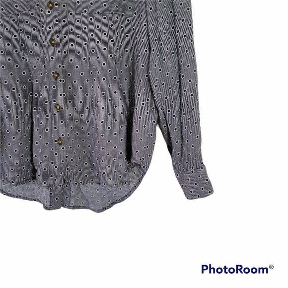 Women's Sz 4 Anthropologie  Maeve Navy Blue Polka Dot  Stripe Button Down Blouse - Picture 4 of 9